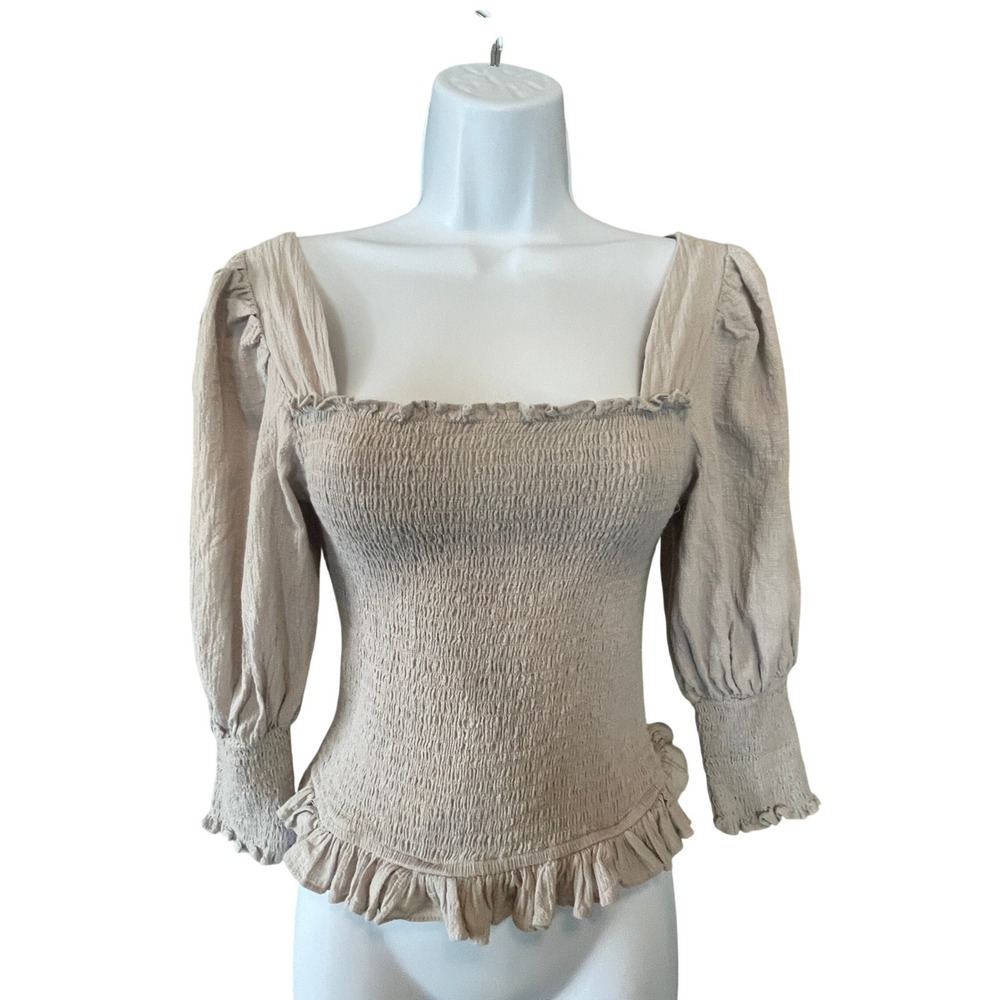 Grade & Gather Women Y2K Milkmaid Smocked Puff Sleeve Coquette Ruffle Hem Top S